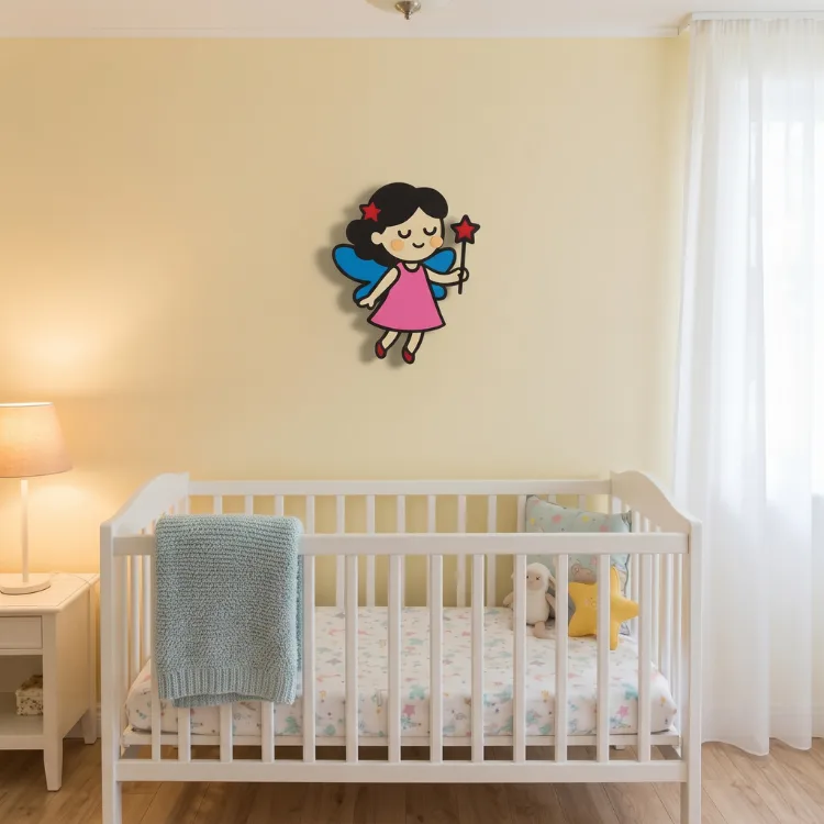 Başak peri ahşap gece lambası, sarı duvarlı bebek odasında beyaz beşiğin üstünde, ışığı kapalı halde asılı
