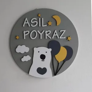 Balonlu ayıcık kapı süsü önden; gri yuvarlak zeminde beyaz isim yazılı, kalpli beyaz ayıcık, lacivert ve hardal balonlar
