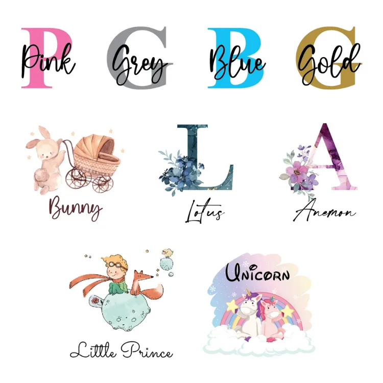 Hastane Çıkış Ultra Set için tasarım tablosu, renkli harf seçenekleri, tavşan bebek, Lotus, Anemon ve Unicorn çizimleri