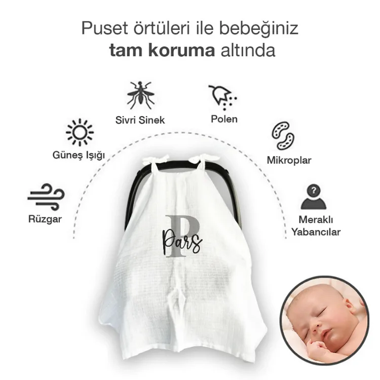 Müslin puset örtüsünün kullanım bilgisi, gri harfli ve isim yazılı örtü, çevresinde güneş ve rüzgar gibi dış etken simgeleri