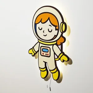 Kız Astronot lamba yan açıdan, ışığı açık; kask, göğüs paneli ve sarı botların arkasında sıcak ışık