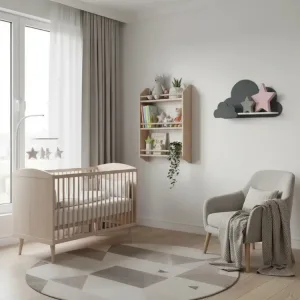 Mimus bulut raf bebek odasında beyaz duvarda; antrasit bulut, beyaz raf yüzeyi ve üzerinde pembe ve yeşil yıldız süsler